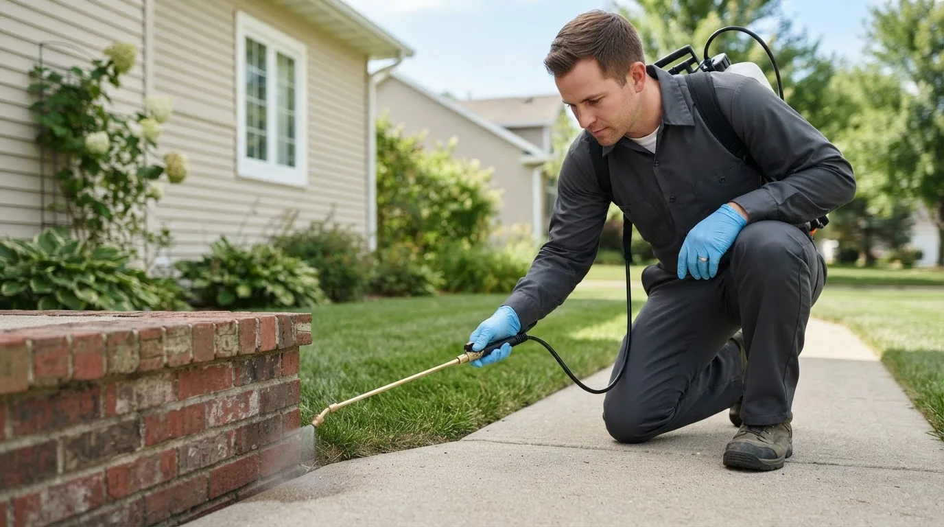 Pest control technician treating a home near Kingman, ME
